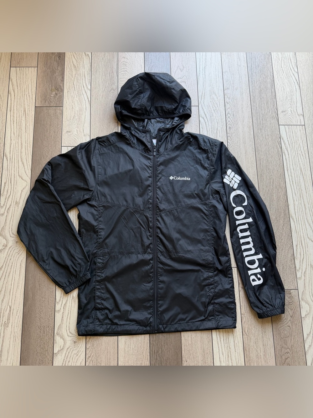 Columbia Black Hooded Packable Jacket with Blue Accent